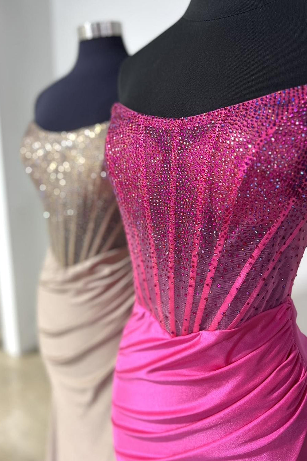 Long Black Beaded Mermaid Corset Prom Dress with Strapless Neckline and Slit