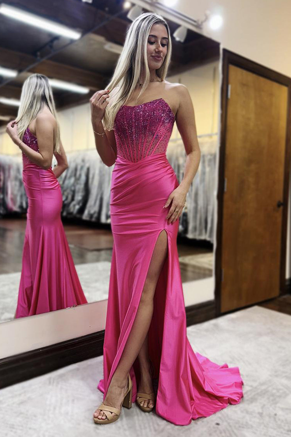 Long Beaded Red Prom Dress with Sparkly Strapless Mermaid Silhouette and Slit