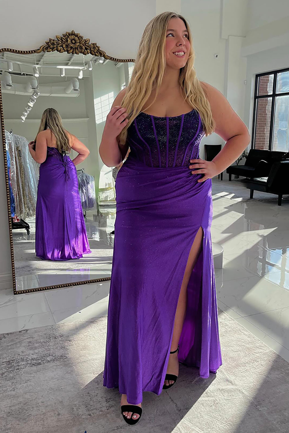 Long Black Beaded Mermaid Corset Prom Dress with Strapless Neckline and Slit