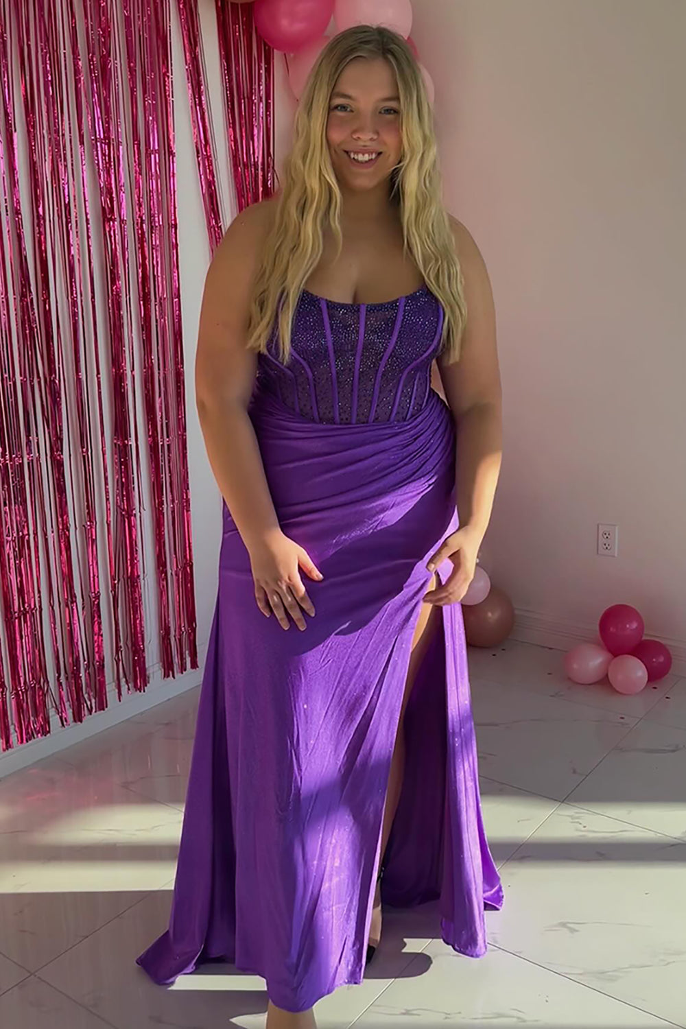 Long Black Beaded Mermaid Corset Prom Dress with Strapless Neckline and Slit