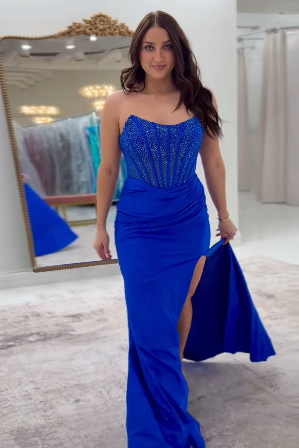 Long Beaded Fuchsia Strapless Prom Corset Dress with Mermaid Slit