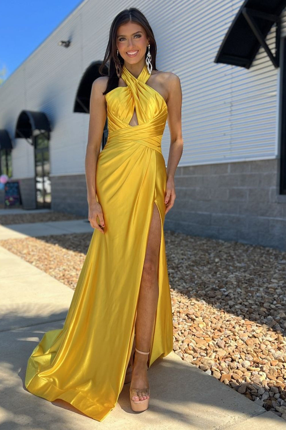 Long Satin Mermaid Prom Dress in Yellow with Halter Neck Ruched Detail and Slit