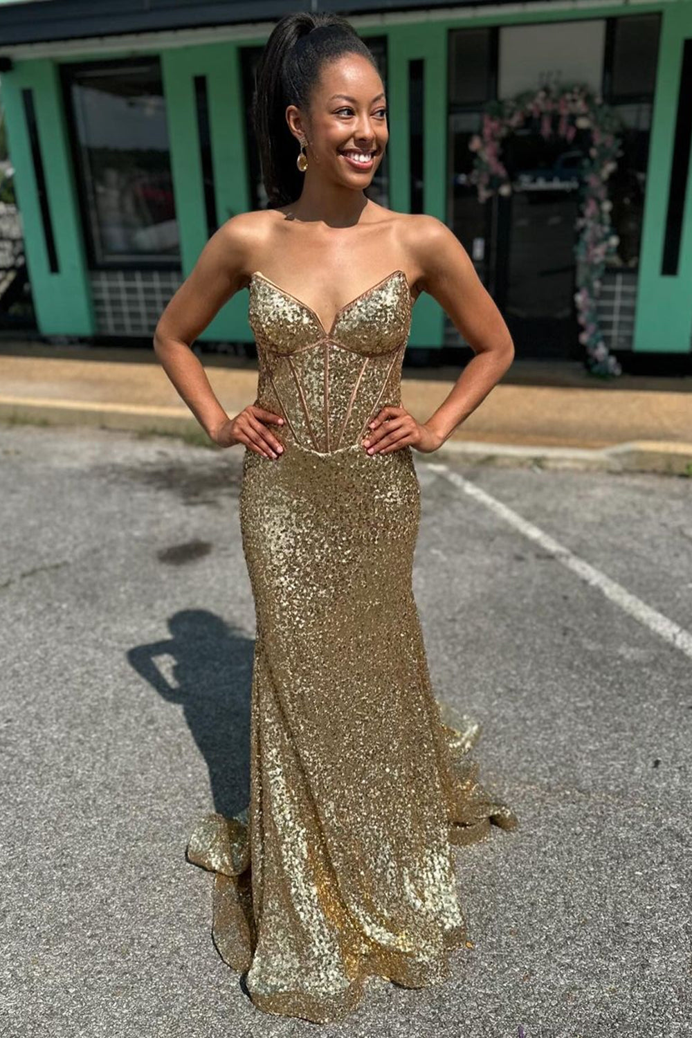 Golden Sparkle Strapless Long Mermaid Corset Dress with Sequins