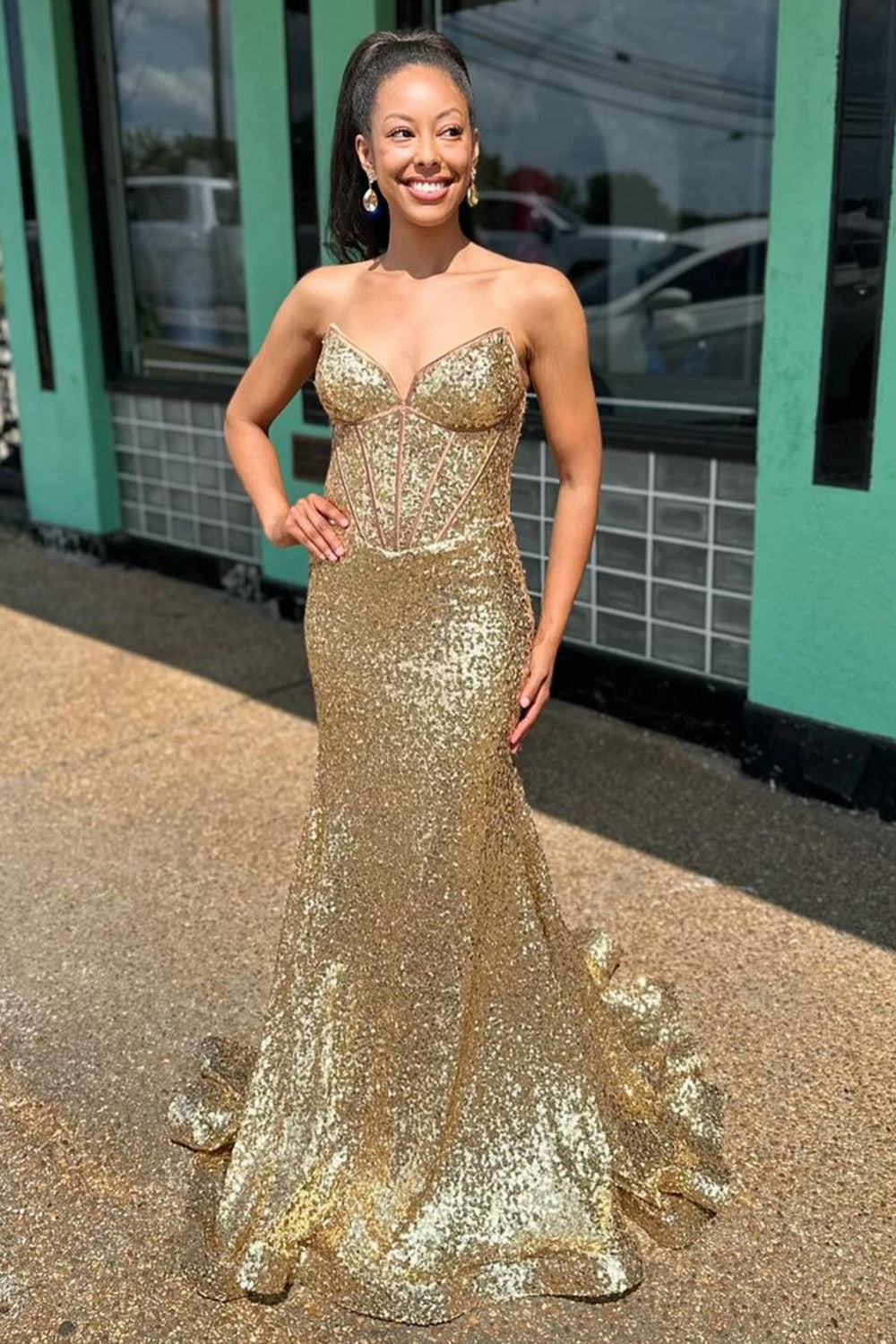 Golden Sparkle Strapless Long Mermaid Corset Dress with Sequins