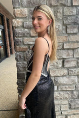 Long Black Corset Prom Dress with Sparkly Mermaid Sequins and Beaded Spaghetti Straps