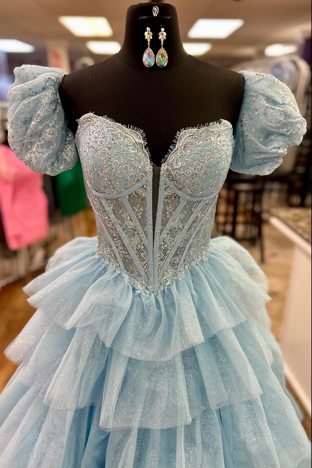 Blue Sparkle Corset Prom Dress with Beading 鈥?Off-Shoulder A-Line Tulle Tiered Long