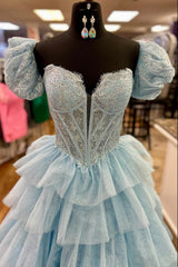 Blue Sparkle Corset Prom Dress with Beading 鈥?Off-Shoulder A-Line Tulle Tiered Long