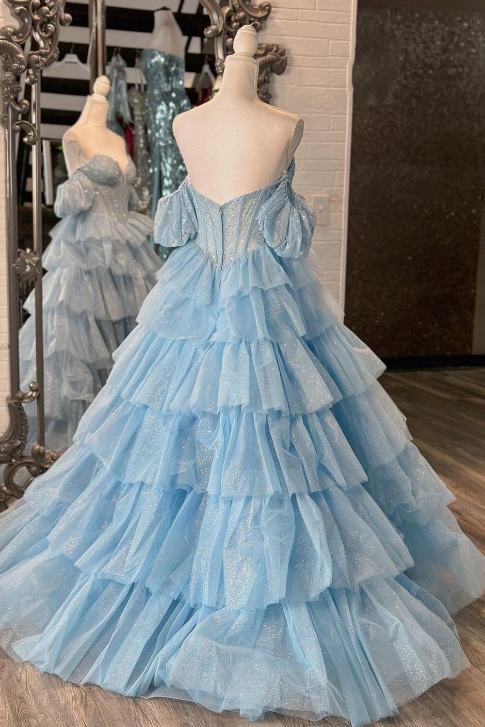 Blue Sparkle Corset Prom Dress with Beading 鈥?Off-Shoulder A-Line Tulle Tiered Long