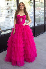 Long Corset Prom Dress in Black with Sweetheart Neckline A-Line Tulle Tiered Skirt and Slit
