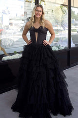 Long Corset Prom Dress in Black with Sweetheart Neckline A-Line Tulle Tiered Skirt and Slit