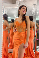 Long Satin Mermaid Prom Dress in Orange with Sweetheart Neckline and Beading