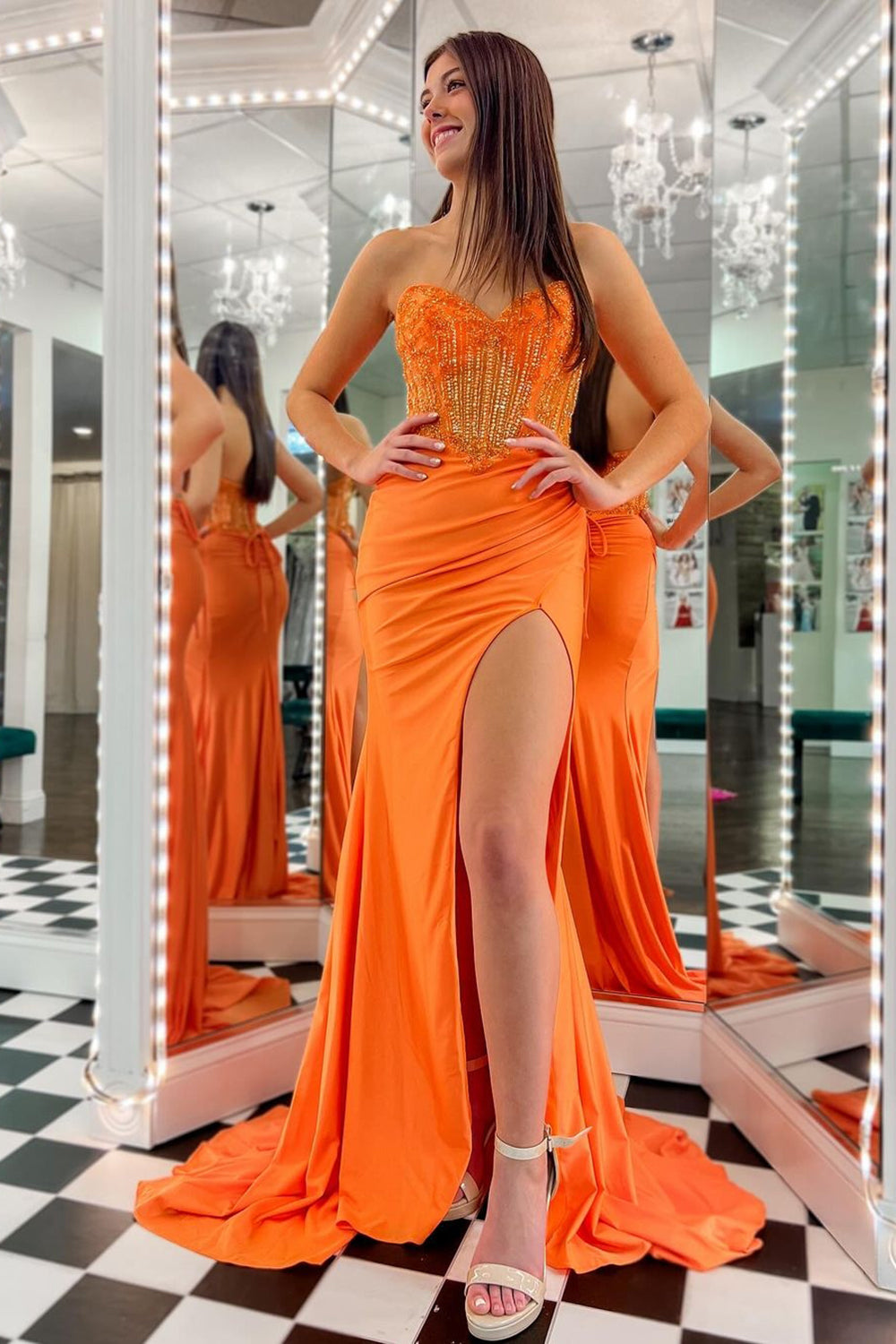 Long Satin Mermaid Prom Dress in Orange with Sweetheart Neckline and Beading