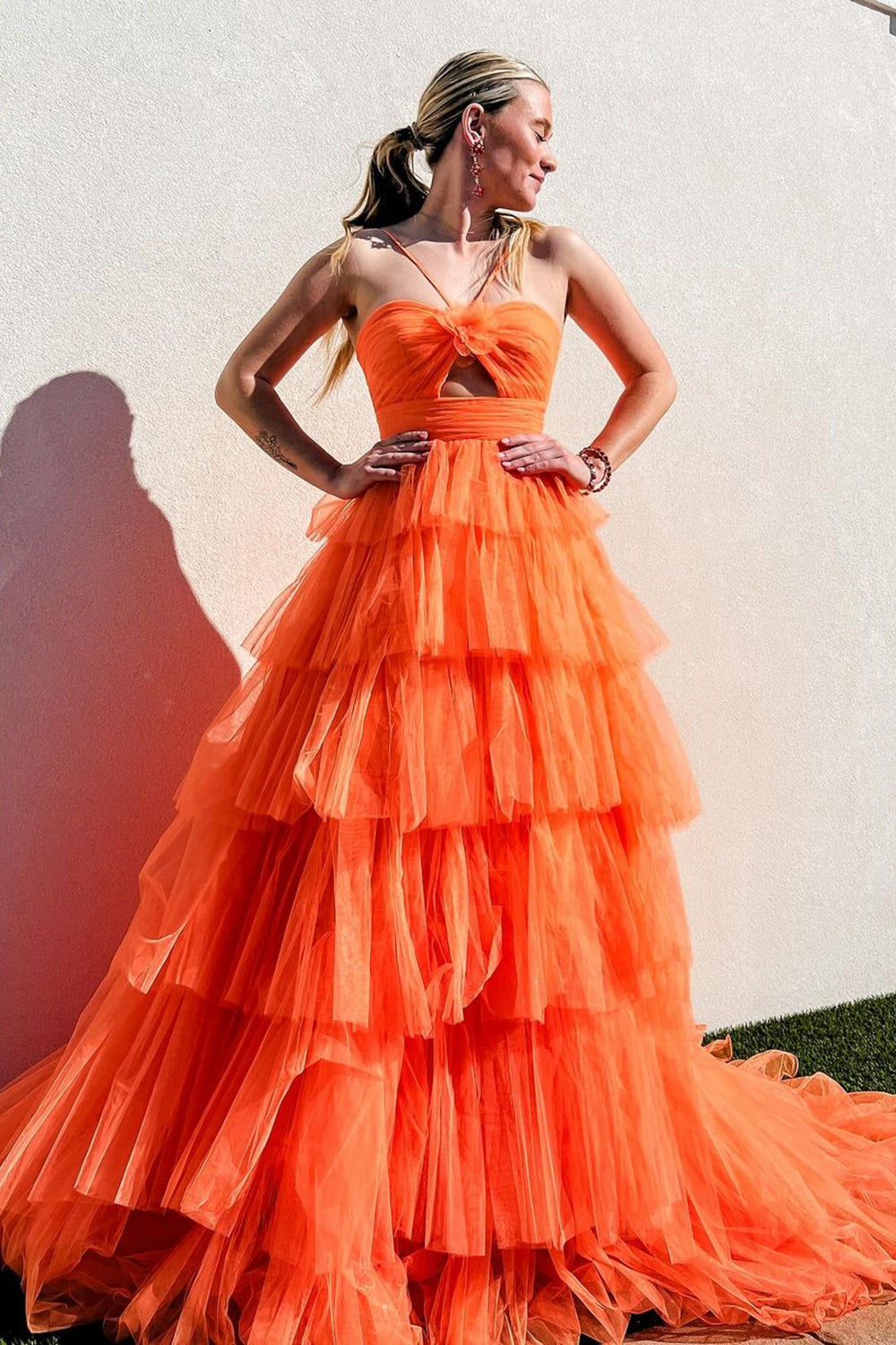 Long A-Line Prom Dress in Orange with Halter Neck and Tiered Tulle