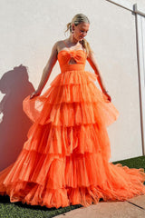 Long A-Line Prom Dress in Orange with Halter Neck and Tiered Tulle