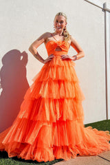 Long A-Line Prom Dress in Orange with Halter Neck and Tiered Tulle