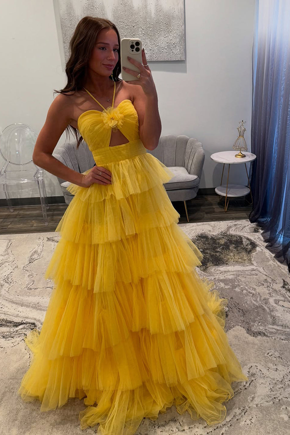 Long A-Line Prom Dress in Orange with Halter Neck and Tiered Tulle