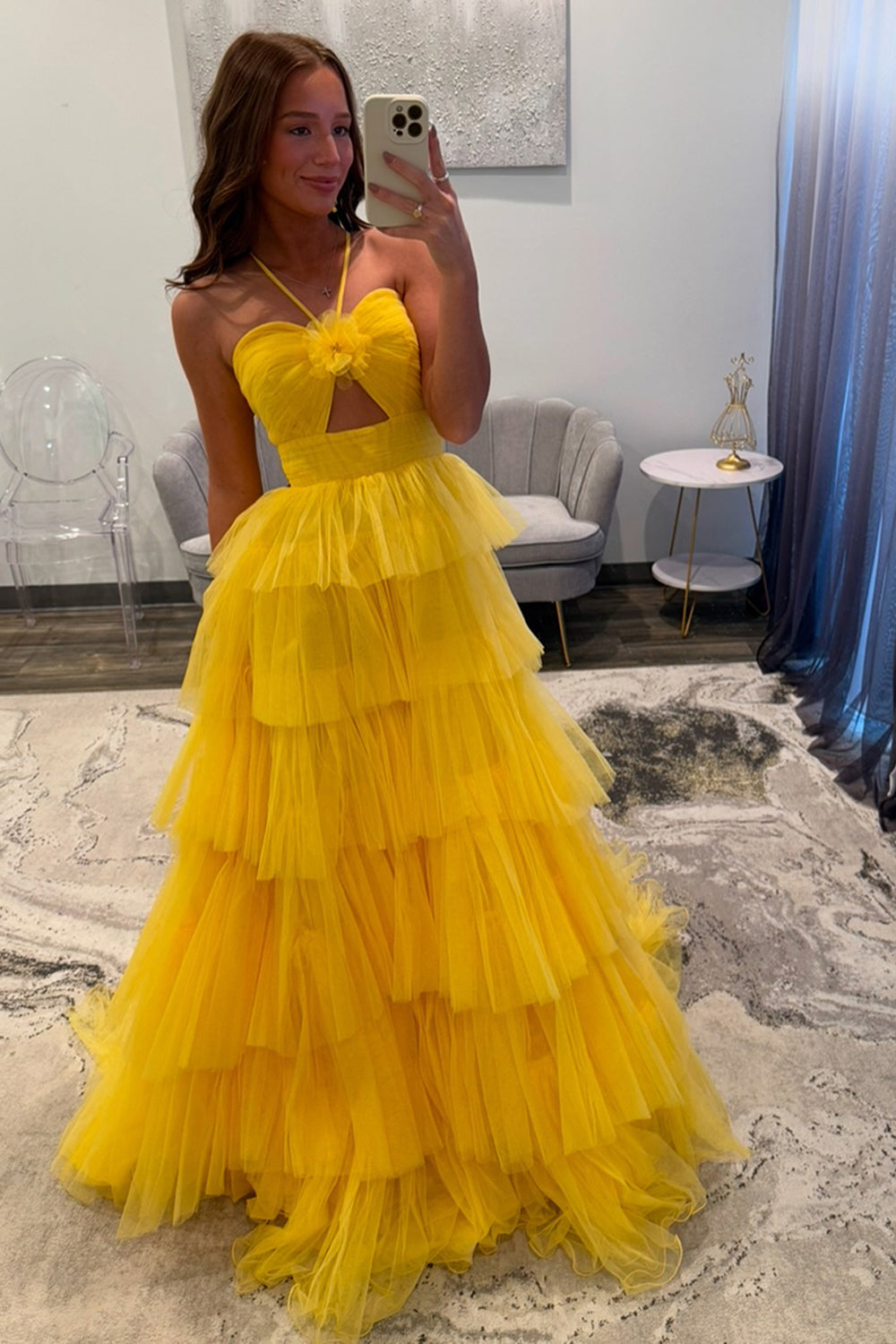 Long A-Line Prom Dress in Orange with Halter Neck and Tiered Tulle