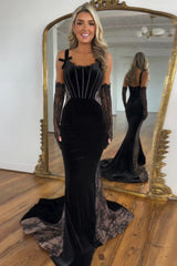 Long Velvet Mermaid Prom Dress with Black Spaghetti Straps (Gloves not included)