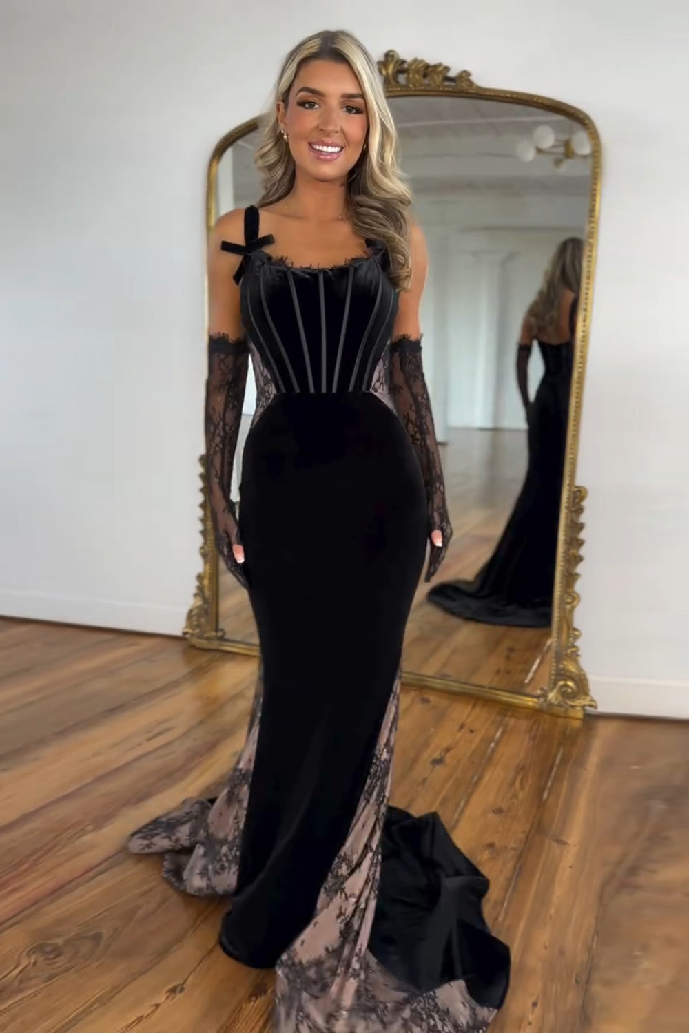 Long Velvet Mermaid Prom Dress with Black Spaghetti Straps (Gloves not included)