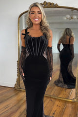 Long Velvet Mermaid Prom Dress with Black Spaghetti Straps (Gloves not included)