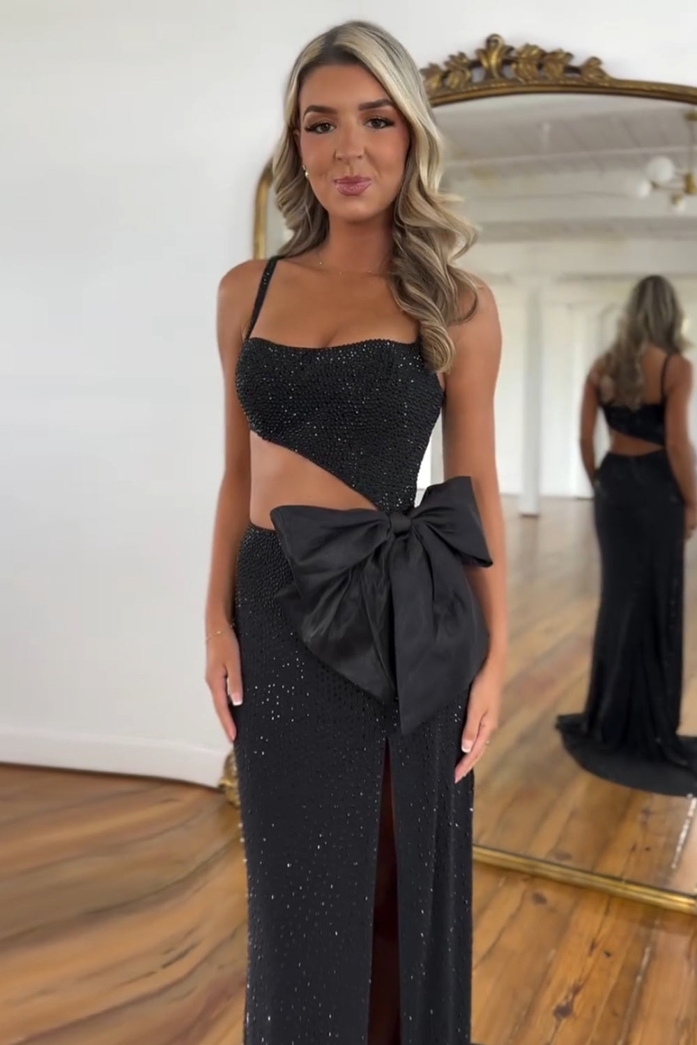 Black Glitter Spaghetti Strap Mermaid Gown with Beaded Cut-outs for Prom