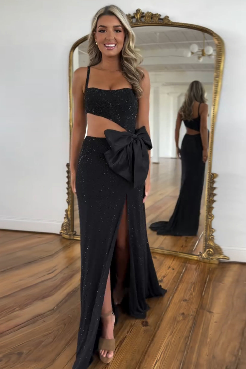 Black Glitter Spaghetti Strap Mermaid Gown with Beaded Cut-outs for Prom