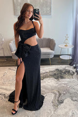 Long Black Prom Dress with Sparkly Spaghetti Straps Mermaid Cut-out and Bow