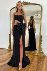 Long Black Prom Dress with Sparkly Spaghetti Straps Mermaid Cut-out and Bow