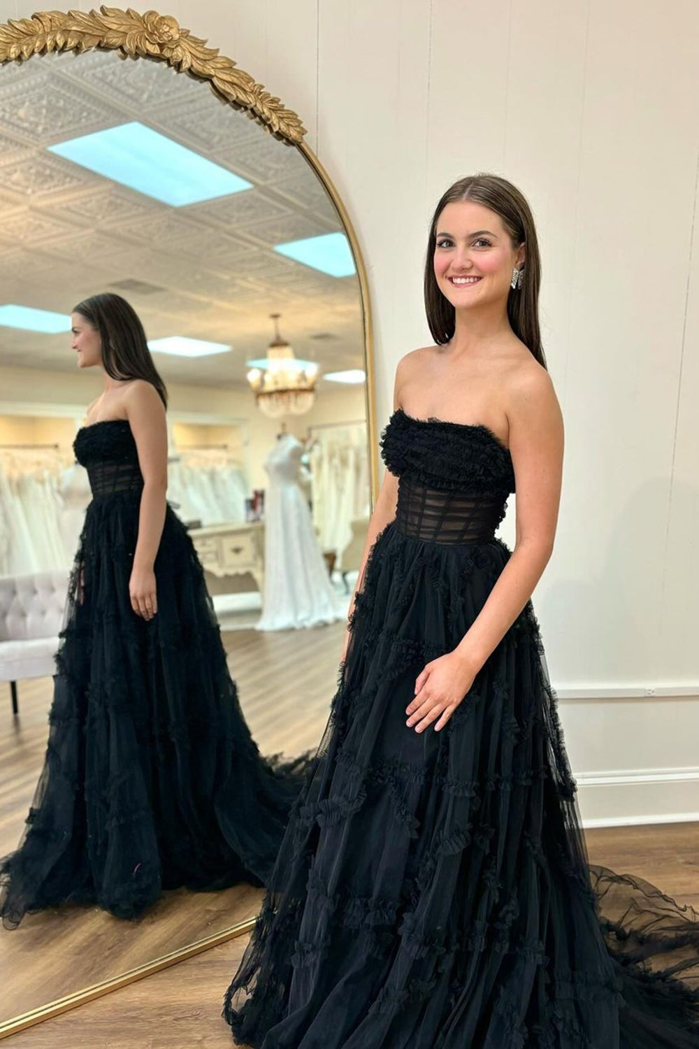 Long A-Line Corset Prom Dress in Black Tulle Strapless