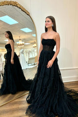 Long A-Line Corset Prom Dress in Black Tulle Strapless