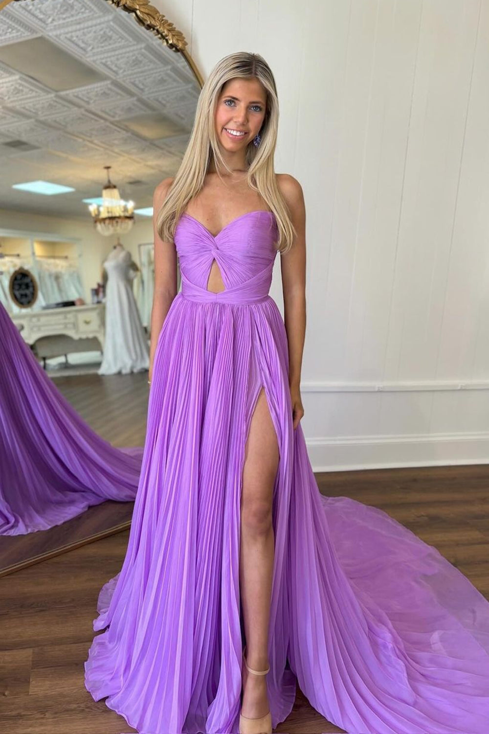 Long Pleated Chiffon Prom Dress in Purple Sweetheart with A-Line Slit