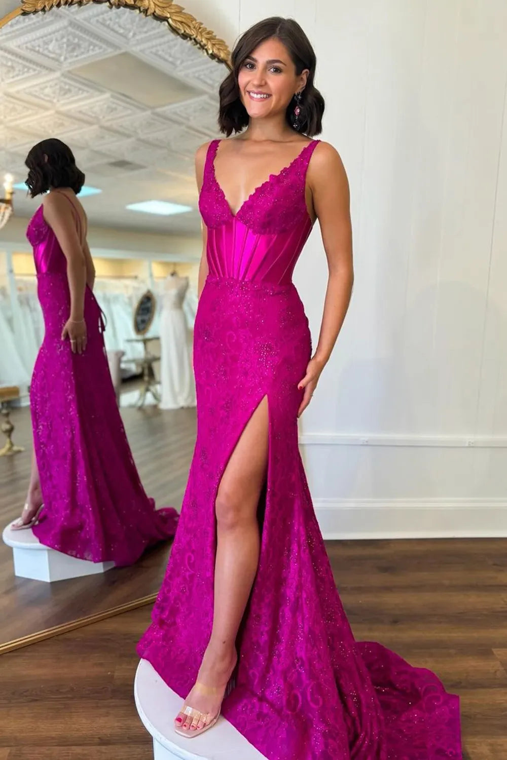 Long Navy Mermaid Corset Prom Dress with Spaghetti Straps and Lace Beading