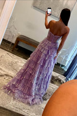 Sweetheart Purple Sparkly Long A-Line Tiered Tulle Corset Prom Dress