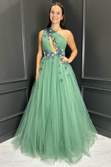 Long A-Line Prom Dress in Green with One Shoulder and 3D Tulle Flowers