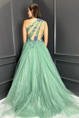 Long A-Line Prom Dress in Green with One Shoulder and 3D Tulle Flowers