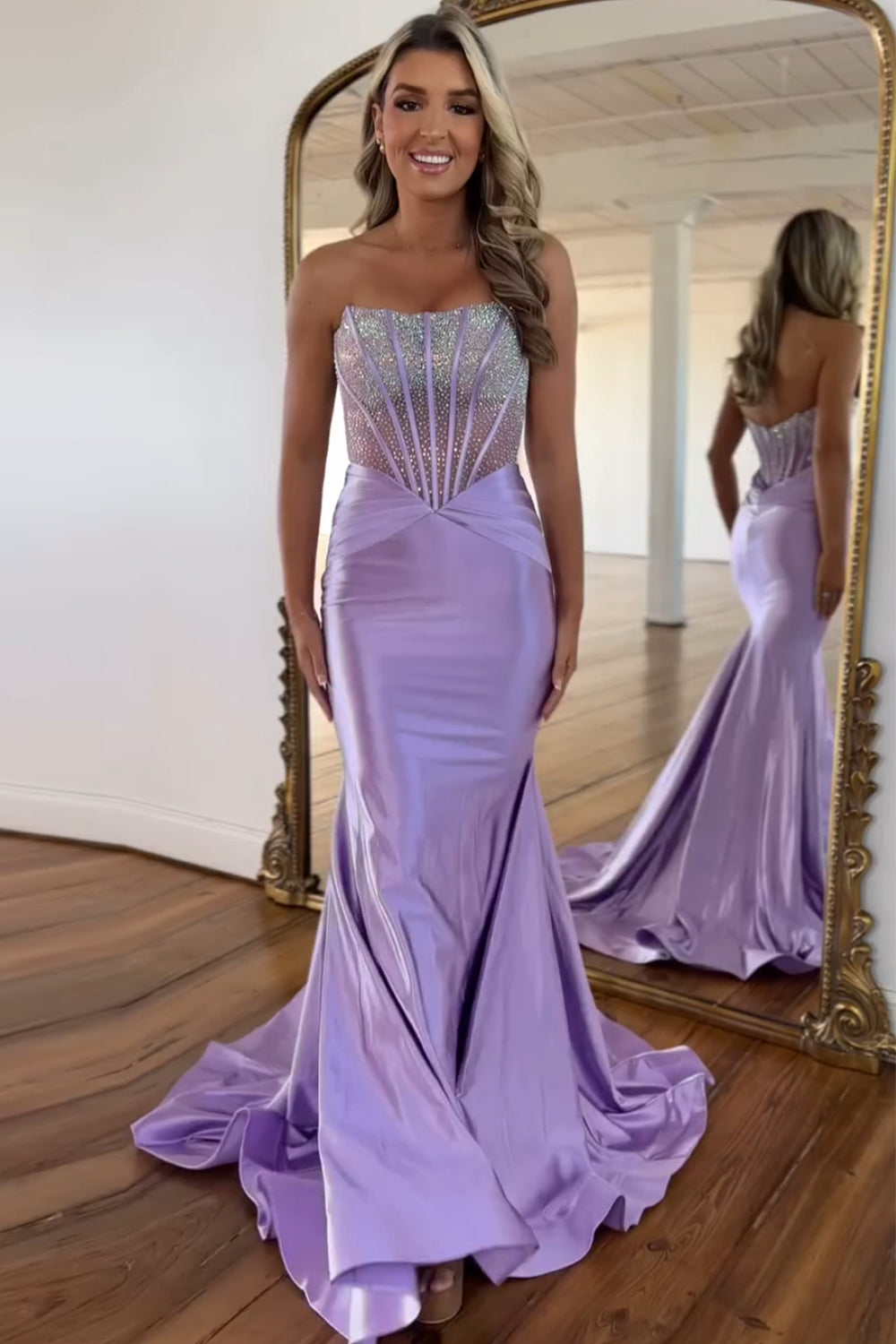 Long Satin Mermaid Prom Dress in Purple with Beading Strapless Corset Style