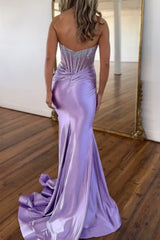 Long Satin Mermaid Prom Dress in Purple with Beading Strapless Corset Style