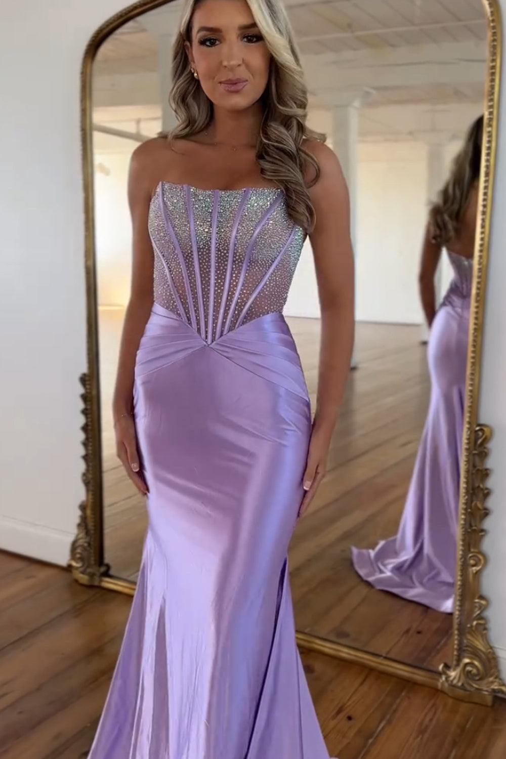 Long Satin Mermaid Prom Dress in Purple with Beading Strapless Corset Style