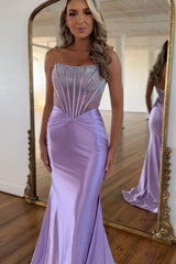 Long Satin Mermaid Prom Dress in Purple with Beading Strapless Corset Style