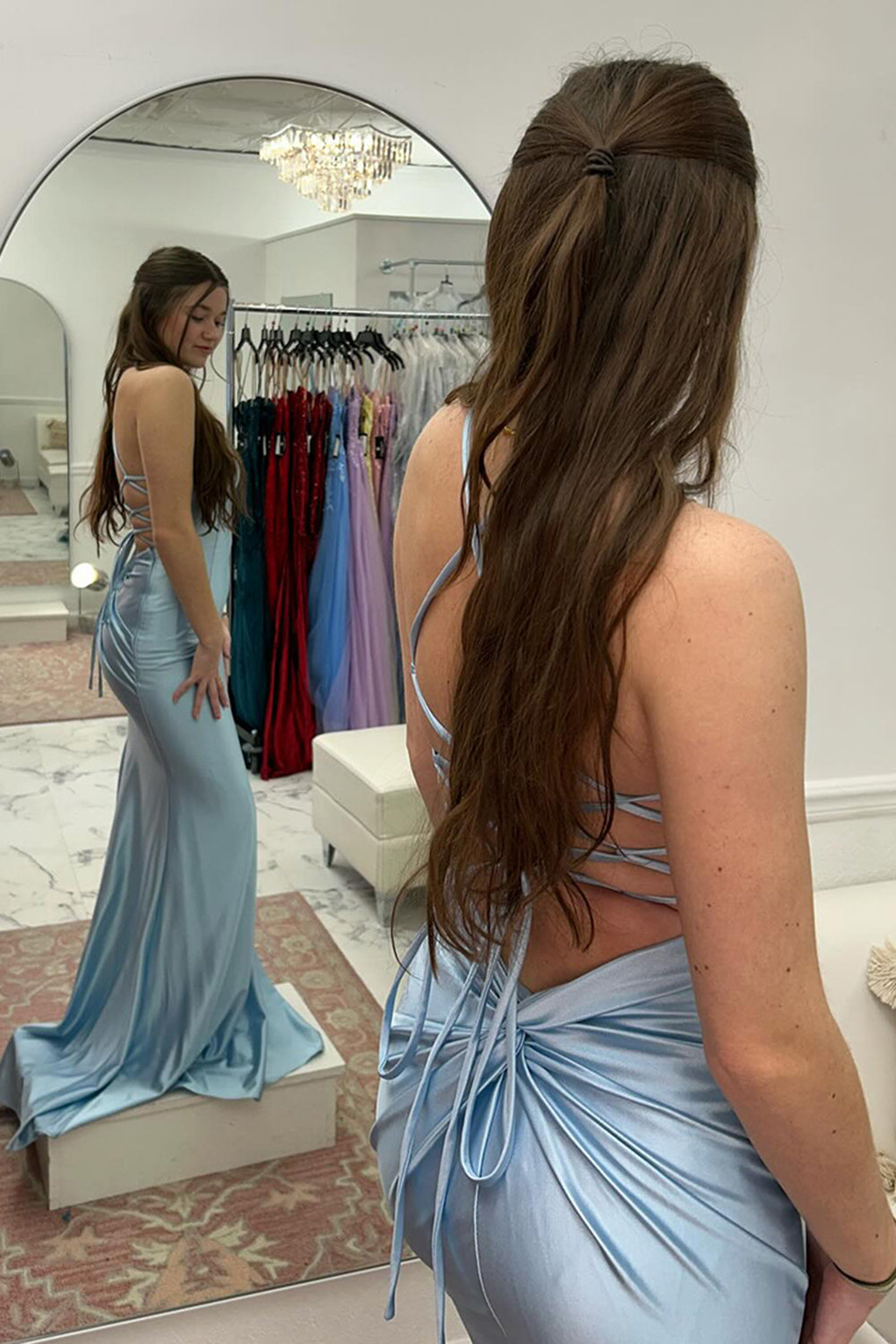 Long Open-Back Prom Dress in Mermaid Satin with Pink Spaghetti Straps