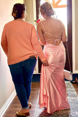 Long Open-Back Prom Dress in Mermaid Satin with Pink Spaghetti Straps