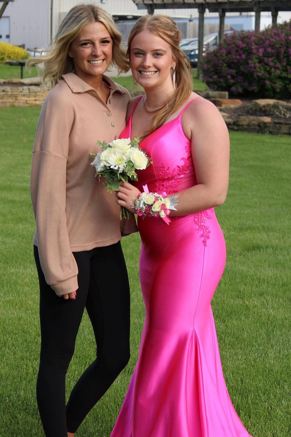 Long Prom Dress in Fuchsia Mermaid Satin with Spaghetti Straps and Appliques