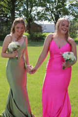 Long Prom Dress in Fuchsia Mermaid Satin with Spaghetti Straps and Appliques