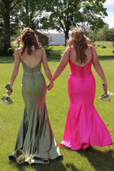 Long Prom Dress in Fuchsia Mermaid Satin with Spaghetti Straps and Appliques