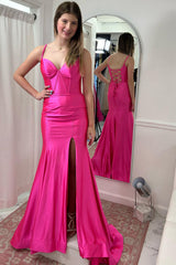 Long Fuchsia Satin Corset Prom Dress with Mermaid Hem and Spaghetti Straps