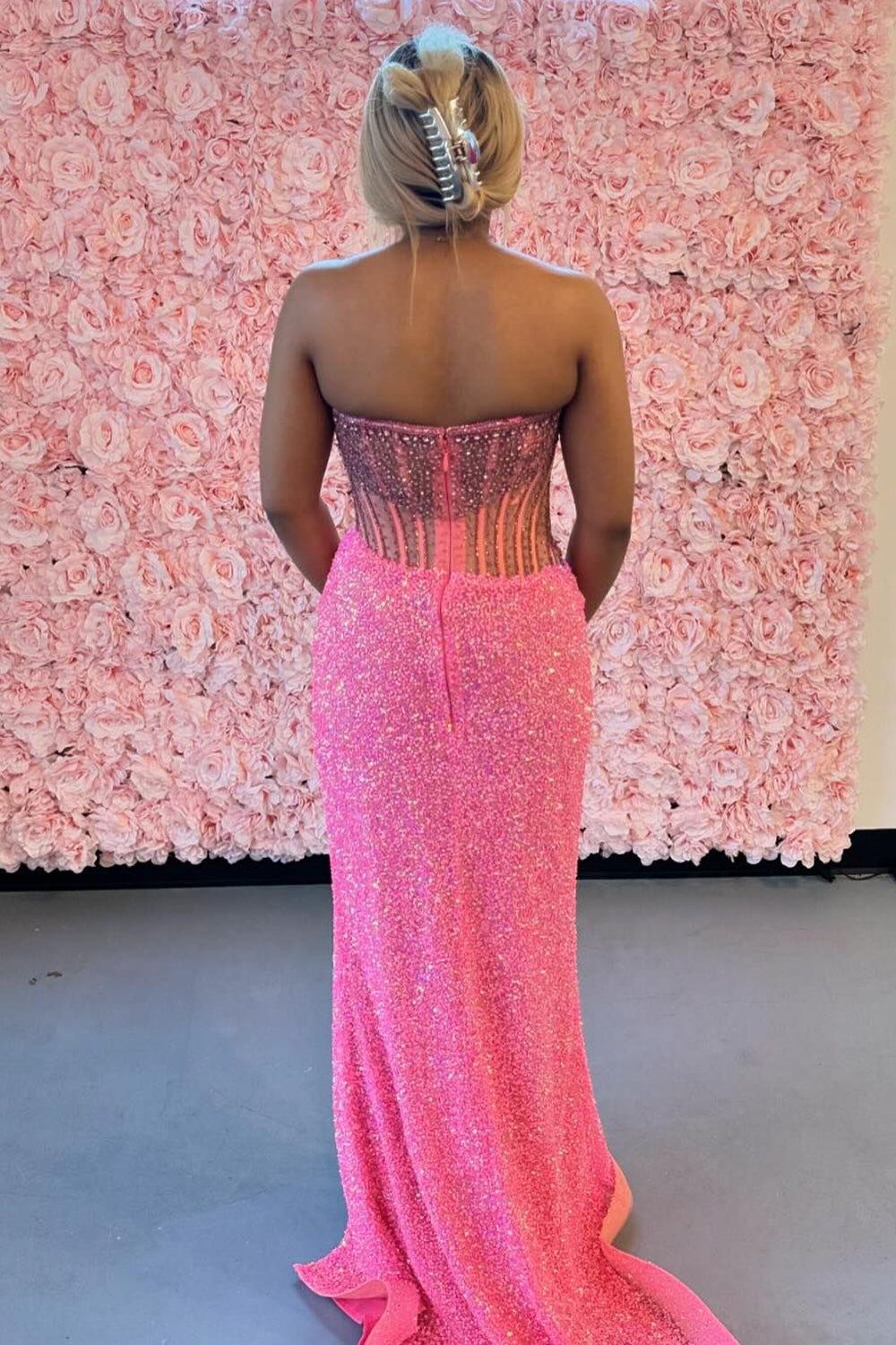 Champagne Sparkle Strapless Long Corset Dress with Sequins and Beading