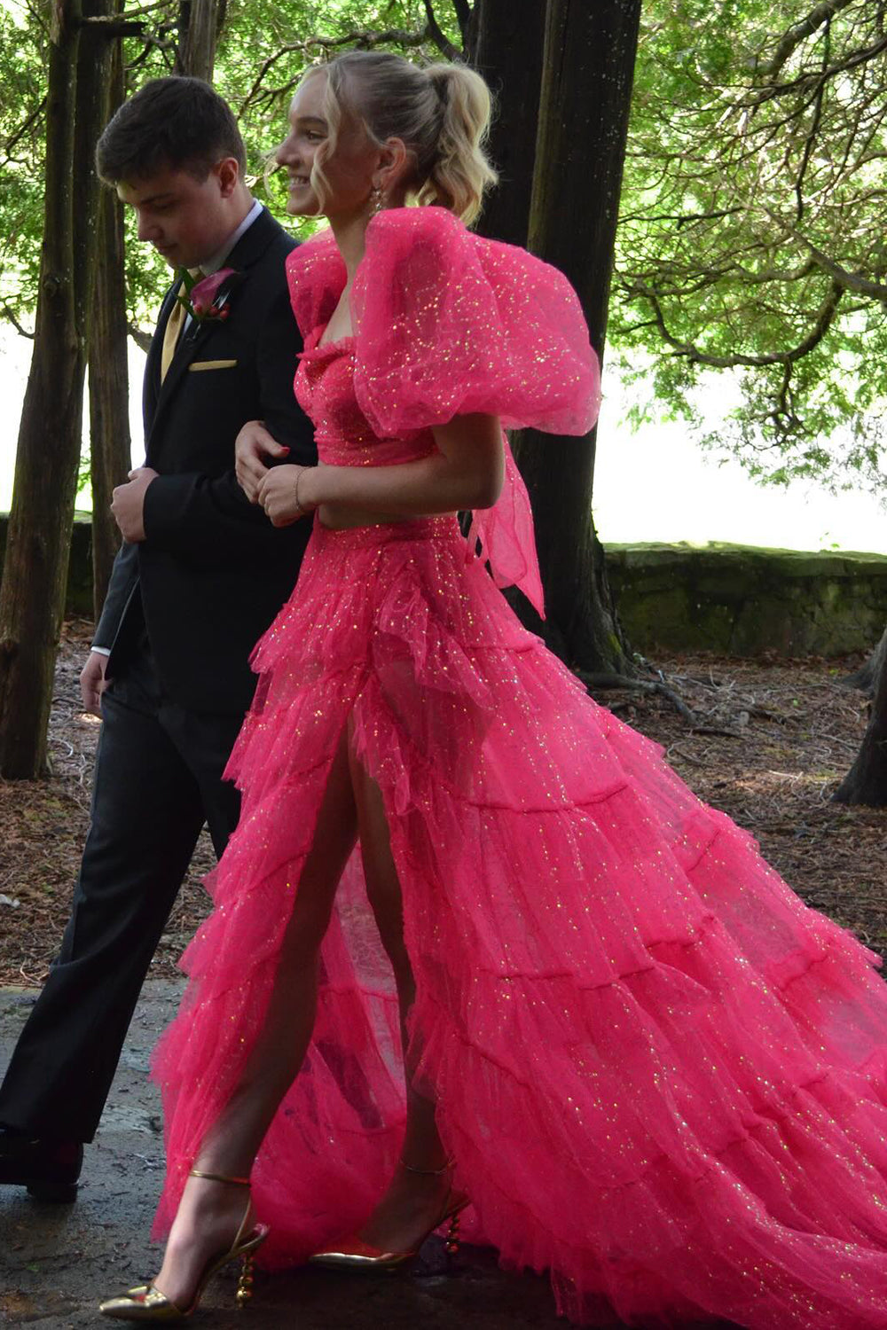 Long Prom Dress in Fuchsia with Square Neck Puff Sleeves and Slit 鈥?A-Line Tulle Tiered Design