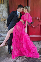 Long Prom Dress in Fuchsia with Square Neck Puff Sleeves and Slit 鈥?A-Line Tulle Tiered Design