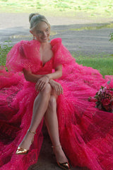 Long Prom Dress in Fuchsia with Square Neck Puff Sleeves and Slit 鈥?A-Line Tulle Tiered Design
