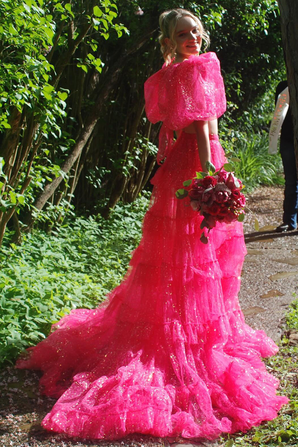 Long Prom Dress in Fuchsia with Square Neck Puff Sleeves and Slit 鈥?A-Line Tulle Tiered Design